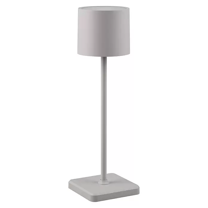 Reality Leuchten Akku-Tischleuchte FERNANDEZ - 1 W, L x B x H: 12,5 x 12,5 x 38 cm, Grau, Mehrfarbig - Hellgraue Tischleuchte mit zylindrischem Schirm und quadratischem Fuß.