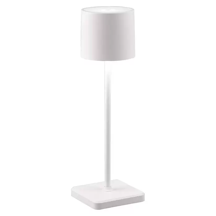 Reality Leuchten Akku-Tischleuchte FERNANDEZ - 1 W, L x B x H: 12,5 x 12,5 x 38 cm, Weiß, Mehrfarbig - Weiße moderne Lampe mit zylindrischem Schirm, schlankem Stab und quadratischem Sockel.