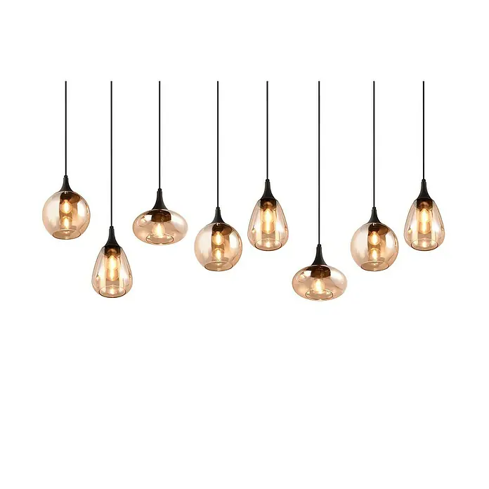 Trio Leuchten Lumina Pendelleuchte - 8 Stk., 320 W, L x B x H: 34,5 x 121 x 150 cm, Amber, Schwarz, E14 - Pendelleuchte mit mehreren bernsteinfarbenen Glasschirmen und schwarzen Aufhängungen, die ein warmes und einladendes Licht verbreiten.