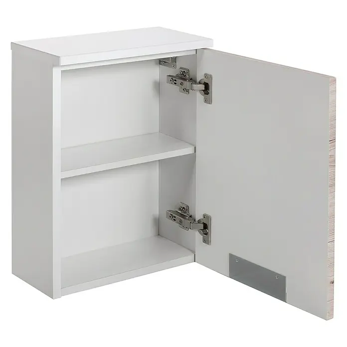 Schildmeyer Sunny Oberschrank - 33 x 16,8 x 46,5 cm, Eiche Natur - Offener weißer Hängeschrank mit zwei Regalen und einer Tür mit silbernen Scharnieren für das Badezimmer.