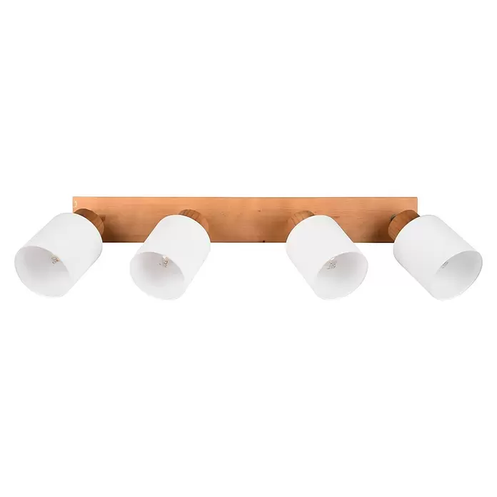 Reality Leuchten Assam Deckenstrahler - 100 W, L x B x H: 10 x 60 x 21 cm, Natur, E14, 4 Stk. - Vierflammige Deckenleuchte mit weißen, verstellbaren Lampenschirmen auf einer hellen Holzleiste.