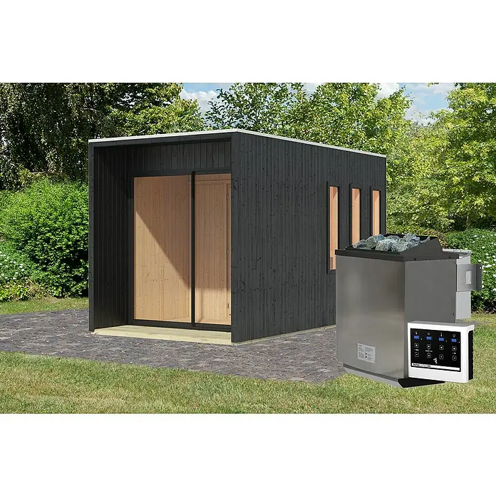 Karibu Saunahaus Miramar - L x B x H: 429 x 219,5 x 244 cm, Schwarz, 9 kW Bio-Saunaofen mit externer Steuerung - Das Bild zeigt eine moderne Außensauna mit einem eleganten Saunaofen im Vordergrund. Perfekt für Entspannung im eigenen Garten.