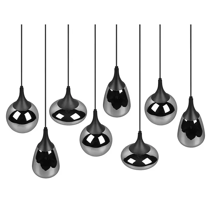 Trio Leuchten Lumina Pendelleuchte - 8 Stk., 320 W, L x B x H: 34,5 x 121 x 150 cm, Chrom, Schwarz, E14 - Ein Set hängender Pendelleuchten mit schwarzen Oberteilen und reflektierenden Silberschirmen.