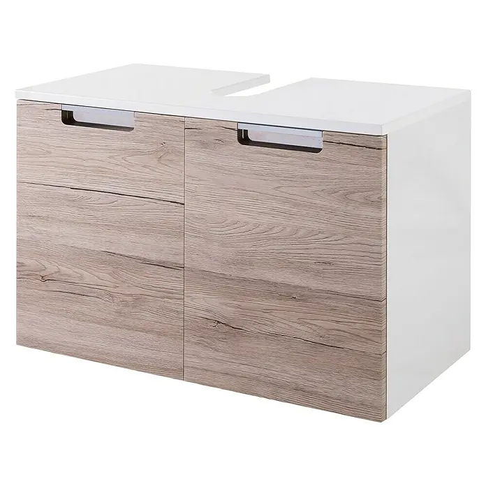 Schildmeyer Sunny Waschtischunterschrank - B x T x H: 65 x 35 x 46,5 cm, Eiche Natur - Modernes Waschbeckenunterschrank-Design mit Holzstruktur und weißen Akzenten für ein stilvolles Badezimmer.