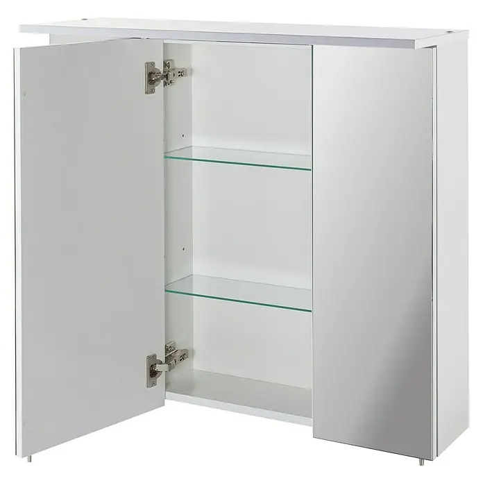 Schildmeyer LED-Spiegelschrank Sunny/Profil - B x H: 70 x 72,3 cm, Mit Beleuchtung, Holz, Weiß - Ein weißer Spiegelschrank mit zwei Glastablaren, eine Tür ist geöffnet. Ideal für Badutensilien und zur Wandmontage.