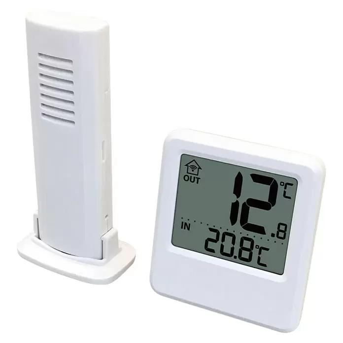 Technoline Thermometer Temperaturstation WS 9114 - Digitales Display, Batteriebetrieben, Weiß - Weißes digitales Thermometer mit Anzeige für Innen- und Außentemperaturen, gekoppelt mit einem weißen Funksensor.