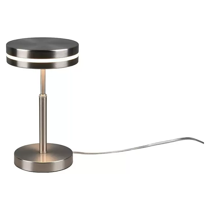 Trio Leuchten Franklin LED-Tischleuchte rund - 6 W, Ø x H: 14 x 25 cm, Nickel, Warmweiß - Moderne LED-Tischlampe aus gebürstetem Metall mit leuchtendem Lichtband und rundem Fuß. Silber.