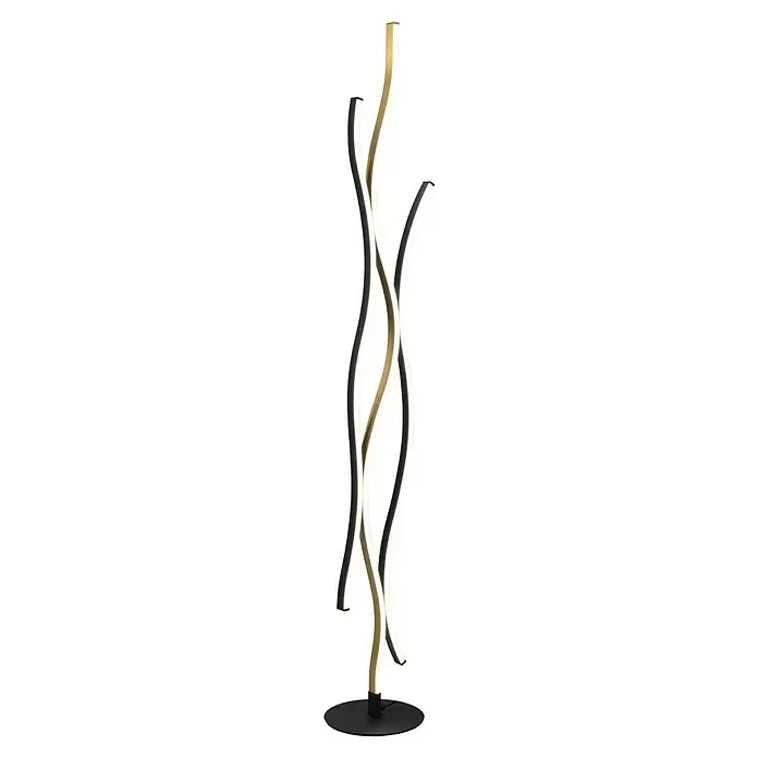 Trio Leuchten Blaze LED-Stehleuchte - 28 W, Höhe: 138 cm, Messing matt/Schwarz, Mehrfarbig - Moderne LED-Lampe mit drei gewellten Leuchtelementen, zwei dunklen und einem goldenen, auf rundem schwarzem Sockel.