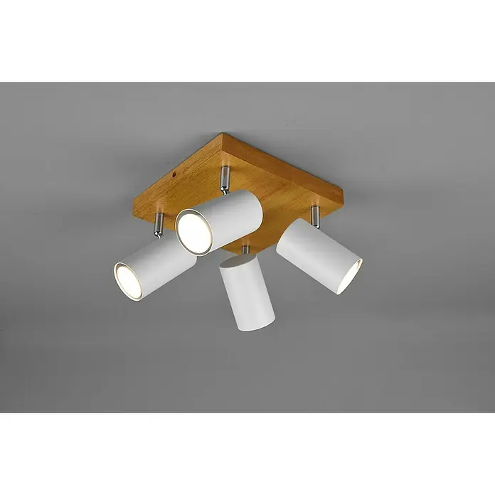 Trio Leuchten Marley Deckenstrahler140 W, L x B x H: 22 x 22 x 16 cm, Weiß/Holz, GU10, 4 Stk. - Moderne Deckenleuchte mit vier weißen Strahlern und einer quadratischen Holzbasis, die ein helles und stilvolles Ambiente schafft.