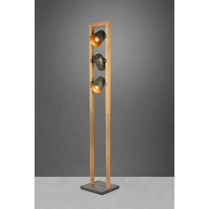 Trio Leuchten Bell Stehleuchte - 75 W, Höhe: 150 cm, Nickel-antik/Holz, E14 - Stehleuchte mit Holzrahmen und drei verstellbaren Scheinwerfern für eine warme, akzentuierte Beleuchtung im Raum.