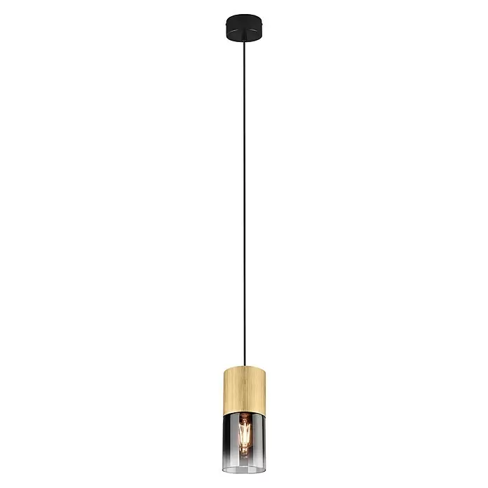 Trio Leuchten Robin Pendelleuchte - 28 W, Messing, E27, Anzahl Leuchtmittel: 1 Stk. - Schwarze Pendelleuchte mit hellem Holzband und Rauchglasschirm, der eine leuchtende Filamentbirne zeigt.