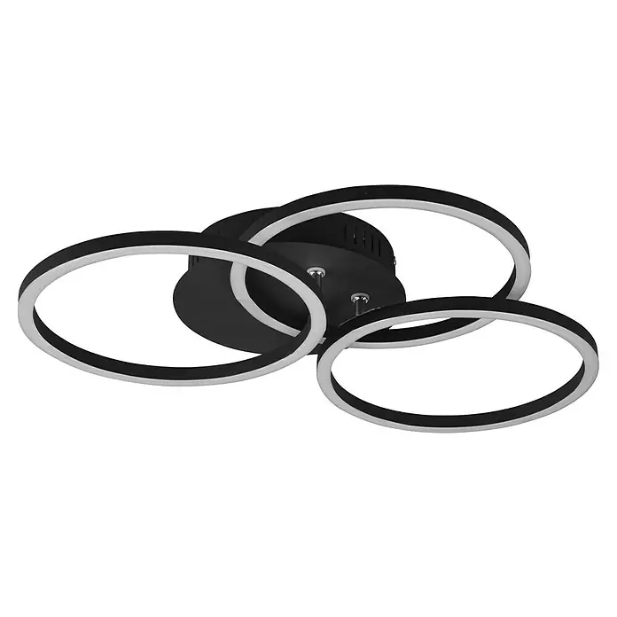 Reality Leuchten LED-Deckenleuchte Circle - 27 W, L x B x H: 43,5 x 43,5 x 9,5 cm, Schwarz, Mehrfarbig - Schwarze LED-Deckenleuchte mit drei überlappenden Ringen und weißem Lichtband für ein modernes Ambiente im Raum.