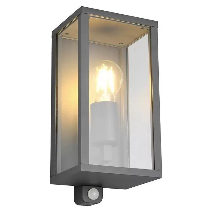Trio Leuchten Garonne Außenwandleuchte - 60 W, L x B x H: 13,5 x 14 x 29 cm, Anthrazit, IP44, Mit Bewegungsmelder - Graue Außenwandleuchte mit Klarglas, leuchtender Glühbirne und integriertem Bewegungssensor.