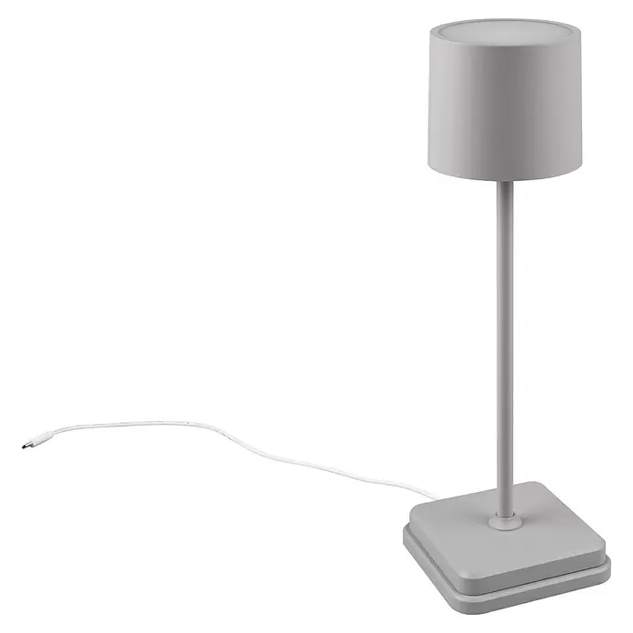 Reality Leuchten Akku-Tischleuchte FERNANDEZ - 1 W, L x B x H: 12,5 x 12,5 x 38 cm, Grau, Mehrfarbig - Graue moderne zylindrische LED-Lampe mit quadratischem Sockel und Ladekabel.
