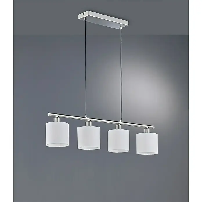 Reality Leuchten Tommy Pendelleuchte - 112 W, L x B x H: 12 x 75 x 150 cm, Weiß, Nickel, E14 - Moderne Hängelampe mit vier weißen Stoffschirmen und einer rechteckigen, chromfarbenen Aufhängung für stilvolle Beleuchtung.