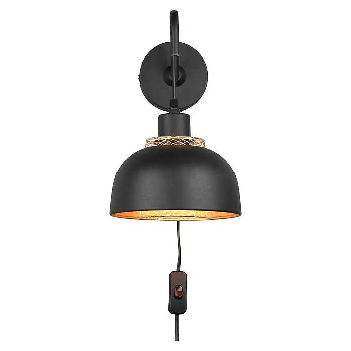 Reality Leuchten Punch Wandleuchte - 40 W, L x B x H: 24 x 18 x 30 cm, Schwarz/Gold, E27 - Elegante schwarze Wandleuchte mit goldenem Akzent und Schalter für stimmungsvolle Beleuchtung im Raum.