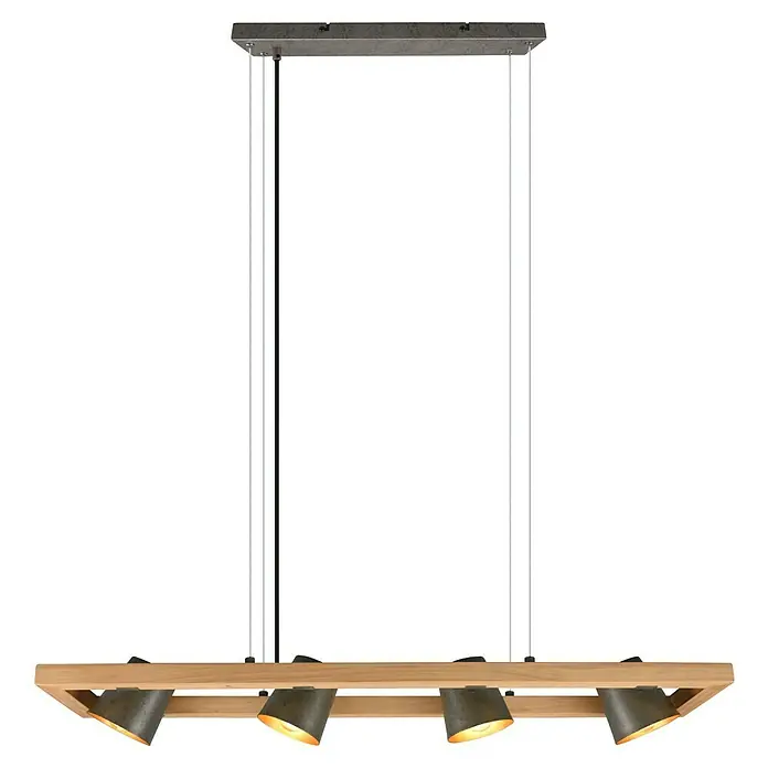 Trio Leuchten Bell Pendelleuchte - 100 W, L x B x H: 21 x 100 x 150 cm, Nickel-antik/Holz, E14 - Moderne Hängelampe mit Holzrahmen und vier Strahlern, die ein warmes Licht spenden. Die Lampe hängt an Stahlseilen.