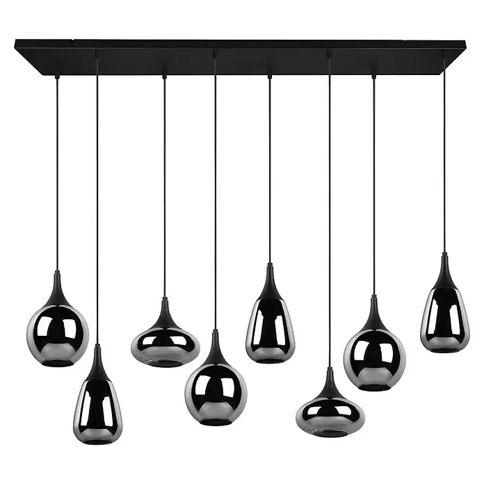 Trio Leuchten Lumina Pendelleuchte - 8 Stk., 320 W, L x B x H: 34,5 x 121 x 150 cm, Chrom, Schwarz, E14 - Moderne schwarze lineare Deckenleuchte mit neun reflektierenden Pendelleuchten in Chromoptik und verschiedenen Formen.