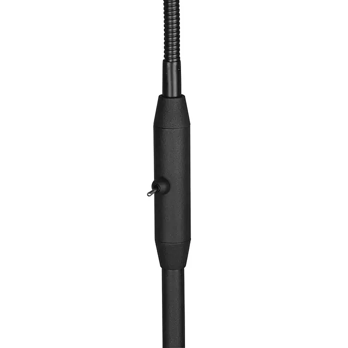 Reality Leuchten Tommy Stehleuchte - 40 W, Höhe: 130 cm, Schwarz/Gold, E14, 1 Stk. - Nahaufnahme des schwarzen Schalters und flexiblen Halses einer Leuchte, der einstellbare Beleuchtung für verschiedene Aufgaben bietet.