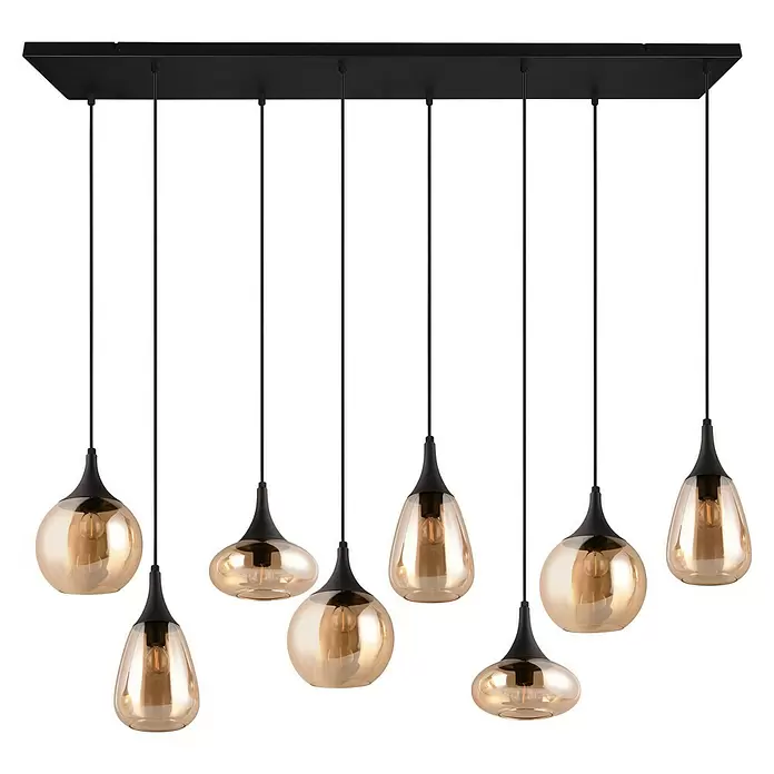 Trio Leuchten Lumina Pendelleuchte - 8 Stk., 320 W, L x B x H: 34,5 x 121 x 150 cm, Amber, Schwarz, E14 - Mehrflammige Pendelleuchte mit schwarzer Aufhängung und verschieden geformten bernsteinfarbenen Glasschirmen.
