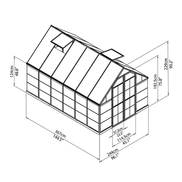 Palram – Canopia Gewächshaus Balance - Außenmaß inkl. Dachüberstand (B x T): 244 x 367 cm, 0,75 mm, Silber - Eine detaillierte Schemazeichnung eines Gewächshauses mit Maßangaben in Zentimetern und Zoll zur einfachen Montage.