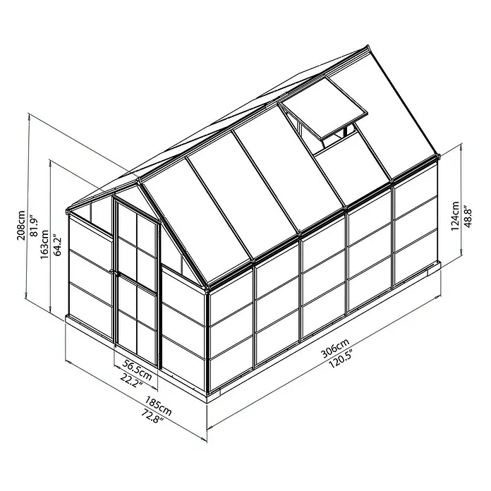 Palram – Canopia Gewächshaus Hybrid - Außenmaß inkl. Dachüberstand (B x T): 185 x 306 cm, 0,7 mm, Silber - Abbildung eines Gewächshauses mit detaillierten Maßangaben in Zentimetern und Zoll zur Veranschaulichung der Größe und Abmessungen.