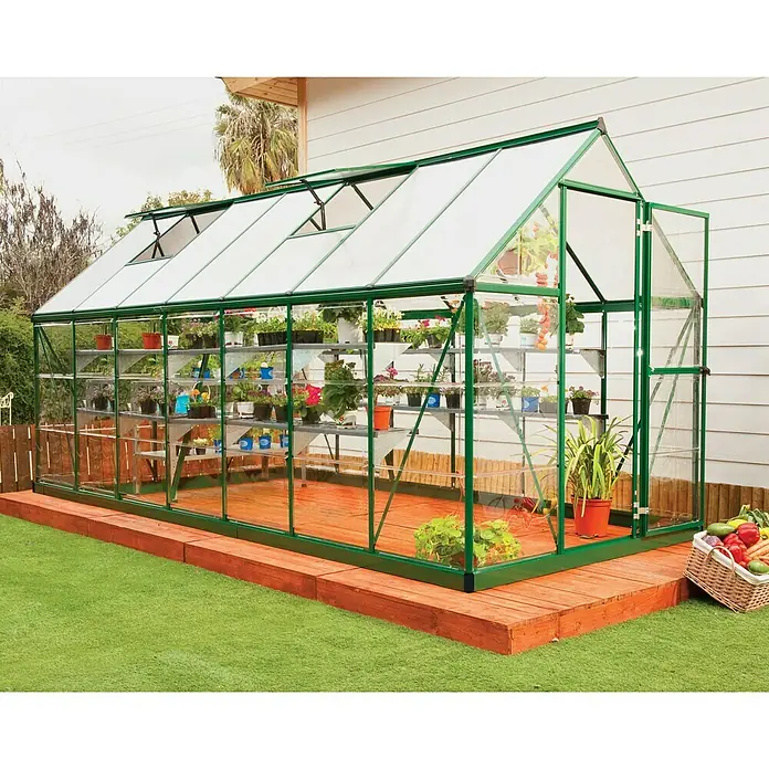 Palram – Canopia Gewächshaus Hybrid - Außenmaß inkl. Dachüberstand (B x T): 185 x 426 cm, 0,7 mm, Grün - Ein geräumiges Gewächshaus mit grünen Rahmen und klaren Paneelen, gefüllt mit Pflanzen und Töpfen, steht auf einer Holzplattform.
