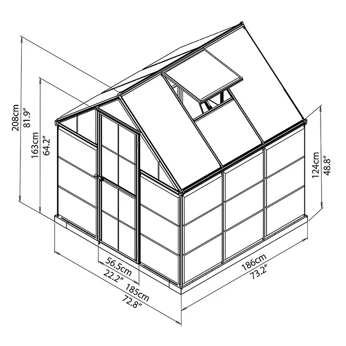 Palram – Canopia Gewächshaus Hybrid - Außenmaß inkl. Dachüberstand (B x T): 185 x 186 cm, 0,7 mm, Grün - Eine schematische Darstellung eines Gewächshauses mit Maßangaben zu Höhe, Breite und Tiefe in Zentimetern und Zoll.