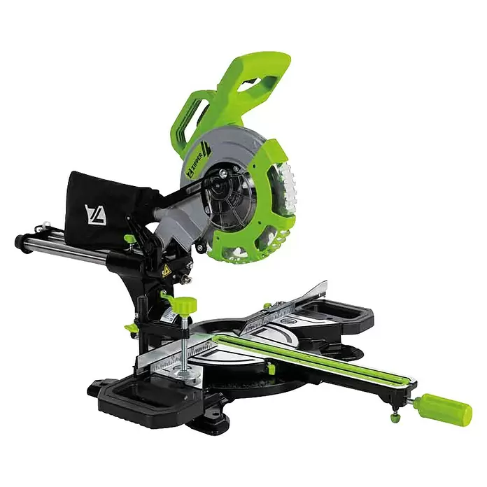 Zipper Kapp- & Gehrungssäge ZI-KGS210DS - 1.700 W, Durchmesser Sägeblatt: 210 mm, Leerlaufdrehzahl: 3.200 U/min - 4.500 U/min - Schwarze und lindgrüne Kapp- und Gehrungssäge mit Gleitfunktion und silbernen Komponenten für präzise Winkelschnitte.