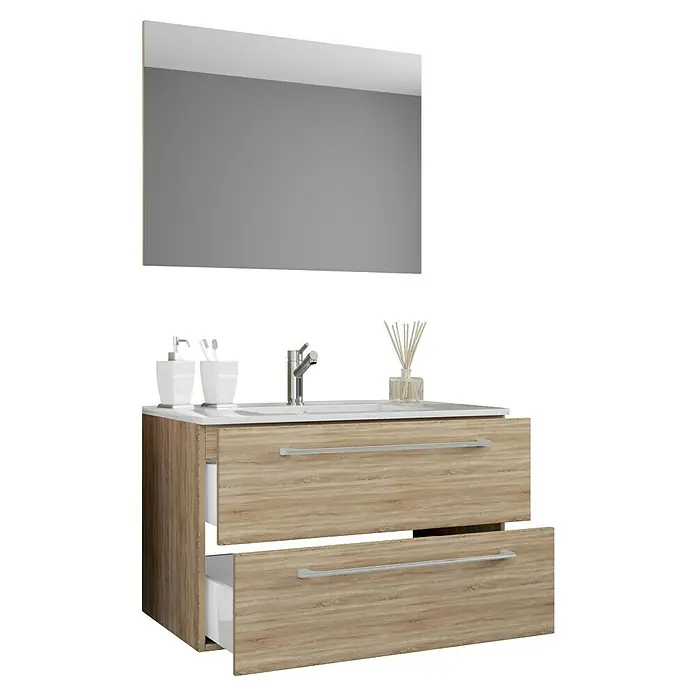 VCM Badinos Badmöbel-Set - 60 cm, Sonoma-Eiche, 3 -tlg. - Moderne Waschtischkombination mit offenem Schubladenelement und großem Spiegel für stilvolles Badezimmerdesign.