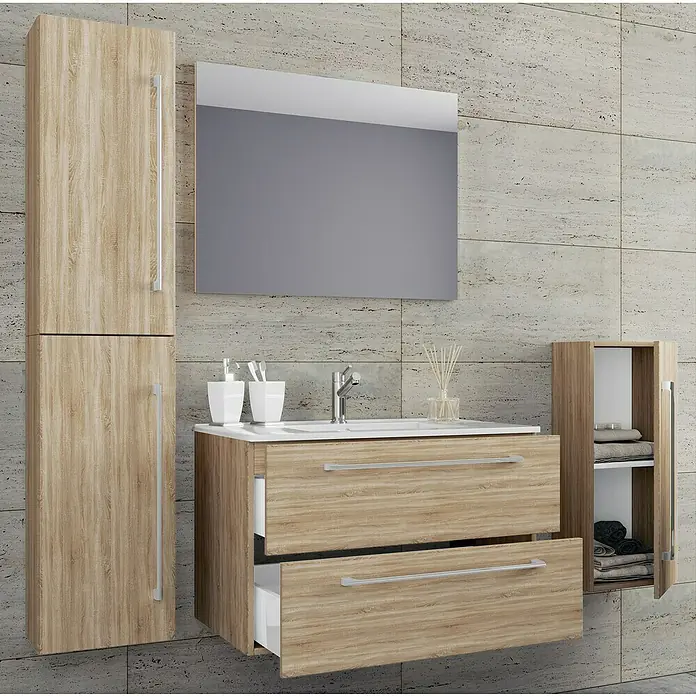 VCM Badinos Badmöbel-Set - 80 cm, Sonoma-Eiche, 5 -tlg. - Elegantes Badezimmer-Set mit Waschtischunterschrank, Spiegelschrank und Hochschrank in Holzoptik. Modernes Design für stilvolle Bäder.