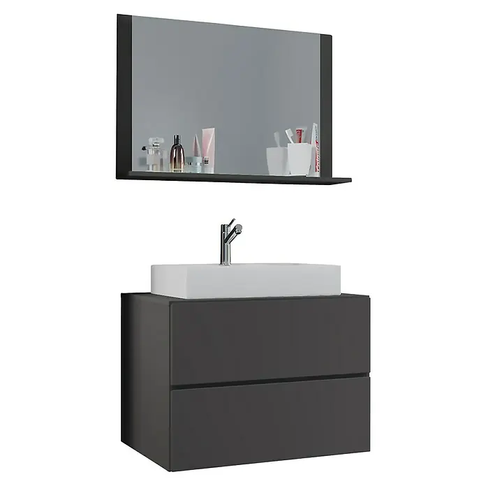 VCM Lendas Badmöbel-Set - 80 cm, Anthrazit - Grauer Badezimmerschrank mit weißem Waschbecken und großem Spiegel mit Ablagefläche. Badezimmerausstattung für ein modernes Bad.