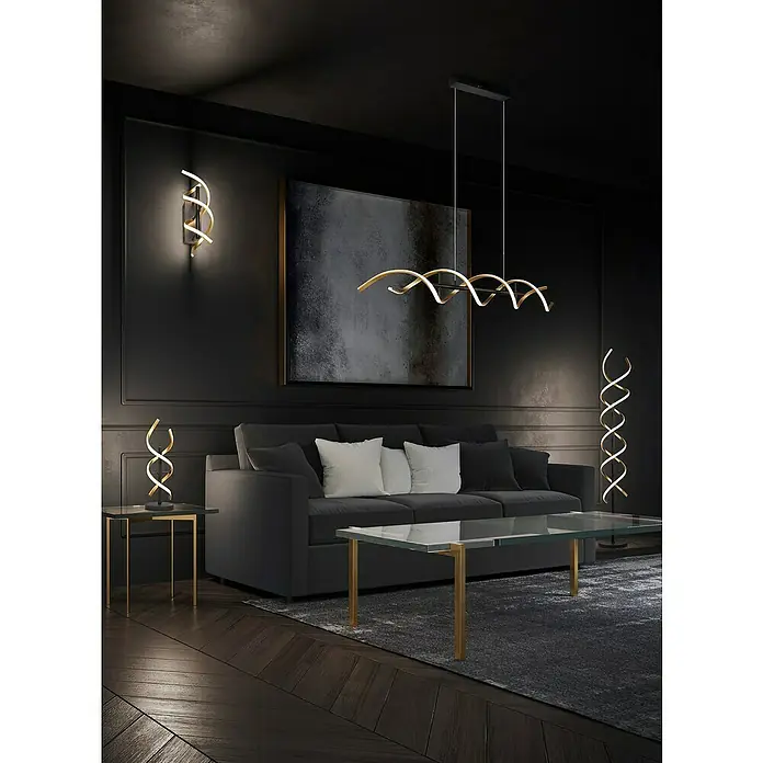 Trio Leuchten Sequence Stehleuchte - 32 W, Höhe: 150 cm, Messing matt/Schwarz, Mehrfarbig - Elegantes Wohnzimmer mit moderner Beleuchtung. Die spiralförmigen Lampen setzen stilvolle Akzente.