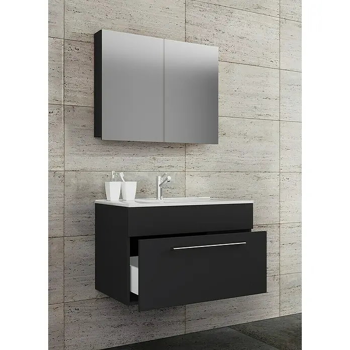 VCM Badinos Badmöbel-Set SPS - 60 cm, Schwarz - Ein moderner Badezimmerschrank mit Waschbecken und Spiegelschrank. Das Möbelstück ist in einem schlichten, schwarzen Design gehalten.