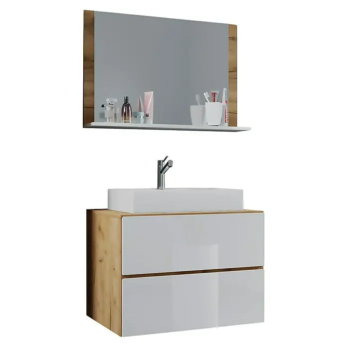 VCM Lendas Badmöbel-Set - 80 cm, Honig-Eiche/Weiß - Modernes Badezimmerset mit Waschbeckenunterschrank in Holzoptik und weißem Aufsatzwaschbecken, dazu ein Spiegel mit Ablage.