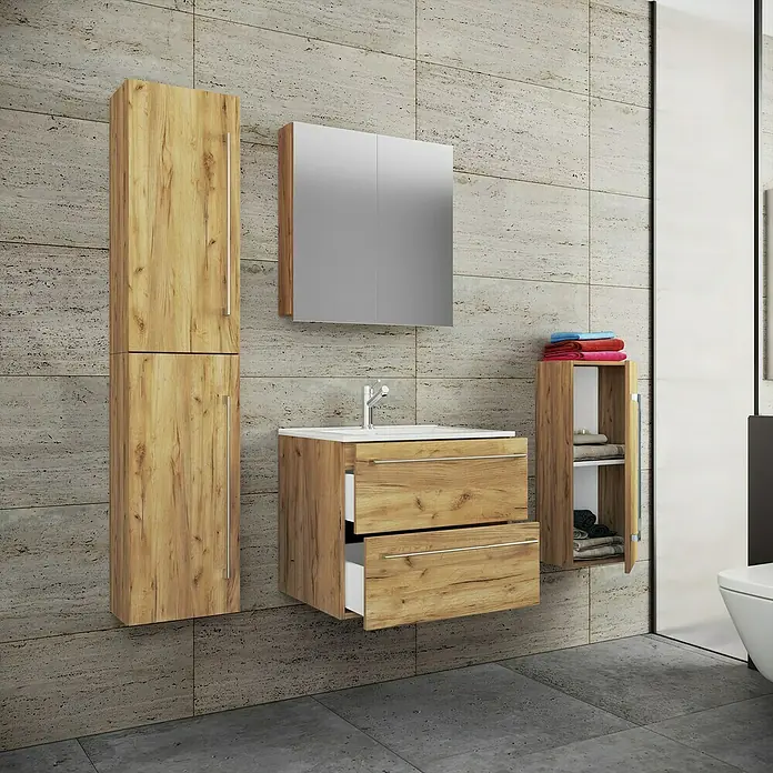 VCM Badinos Badmöbel-Set SPS - 126 cm, Honig-Eiche - Badezimmer-Set mit Waschtischunterschrank, Spiegelschrank und Hochschrank in Holzoptik für ein modernes Ambiente im Badezimmer.