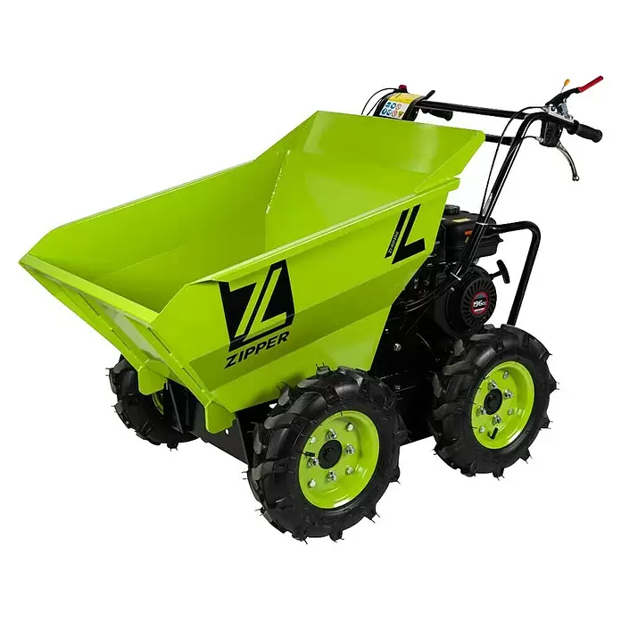 Zipper Raddumper ZI-RD300 - Motorbetrieben, Fassungsvermögen: 125 l - Limettengrüner motorisierter Mini-Dumper mit schwarzen Reifen, limettengrünen Felgen und schwarzem Motor.