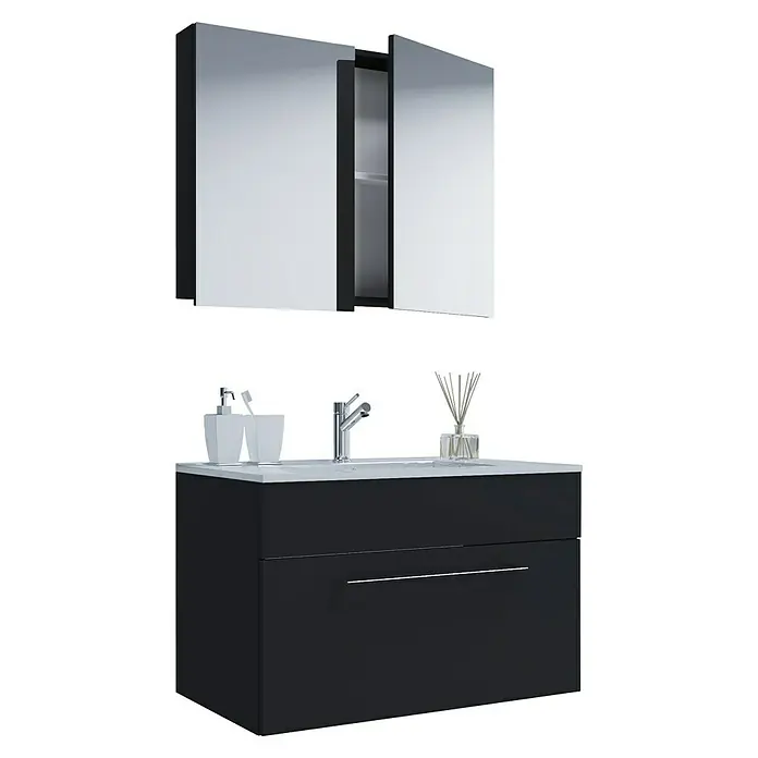 VCM Badinos Badmöbel-Set SPS - 60 cm, Schwarz - Schwarzer Waschtischunterschrank mit weißem Waschbecken und Spiegelschrank. Moderner Stil für Badezimmer mit praktischem Stauraum.
