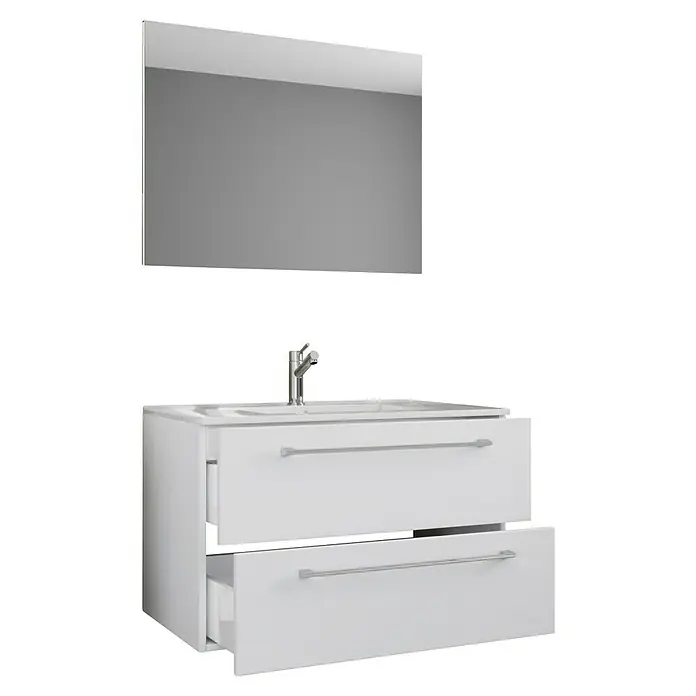 VCM Badinos Badmöbel-Set - 60 cm, Weiß, 3 -tlg. - Hier ist ein Badezimmerschrank mit zwei Schubladen, Waschbecken und Spiegel, perfekt für jedes moderne Badezimmer.