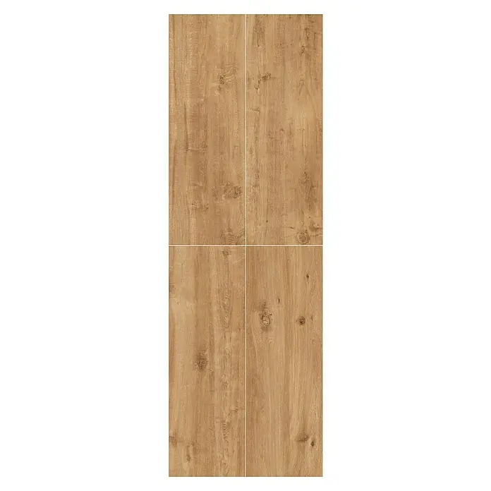 Terrassenfliese Timbertwo - 40 x 120 x 2 cm, Natural/Braun, Matt - Nahaufnahme von vier Holzpaneelen mit Maserung, ideal für Möbel oder Fußböden. Warme, natürliche Töne verleihen jedem Raum ein elegantes Flair.