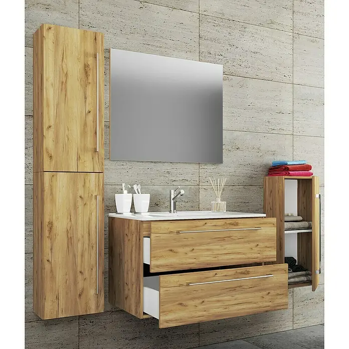 VCM Badinos Badmöbel-Set80 cm, Honig-Eiche, 5 -tlg. - Badezimmermöbel-Set in Holzoptik mit Waschbecken, Spiegel und Stauraum für ein modernes Badezimmerdesign.