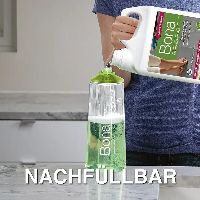 Bona Fliesen- & Laminatreiniger für Hartböden - 850 ml, Kartusche - Nachfüllbarer Bona Reiniger für Hartböden wird in eine Sprühflasche nachgefüllt.