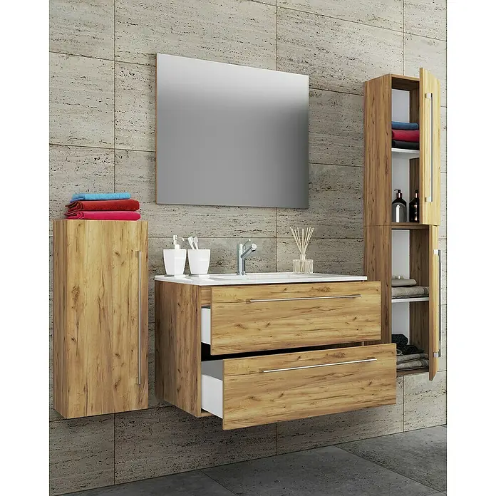 VCM Badinos Badmöbel-Set - 80 cm, Honig-Eiche, 5 -tlg. - Ein Badezimmer-Waschtisch mit Holzstruktur, einem Spiegel und einem passenden Hochschrank bietet stilvollen Stauraum.