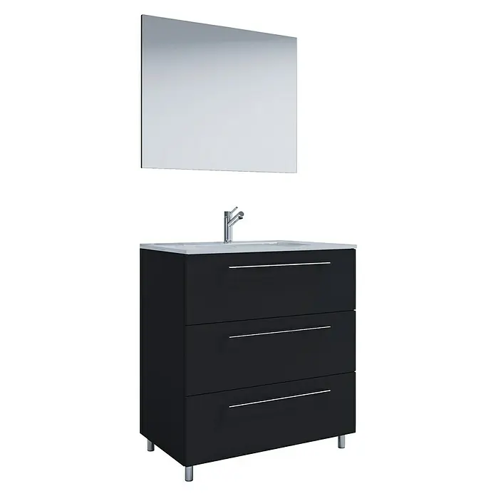 VCM Badinos Badmöbel-Set - 80 cm, Schwarz, Farbe Waschbecken: Weiß - Stilvoller schwarzer Waschtischunterschrank mit drei Schubladen und einem modernen Spiegel für das Badezimmer.