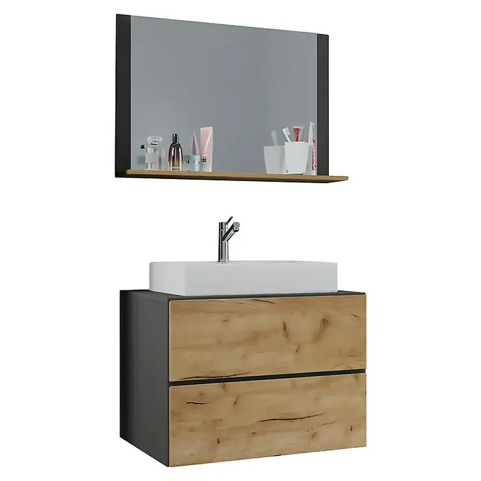 VCM Lendas Badmöbel-Set - 80 cm, Anthrazit/Honig-Eiche - Badezimmermöbel-Set mit Waschbecken, Unterschrank mit Holzfront und Spiegelablage für eine stilvolle Badezimmergestaltung.