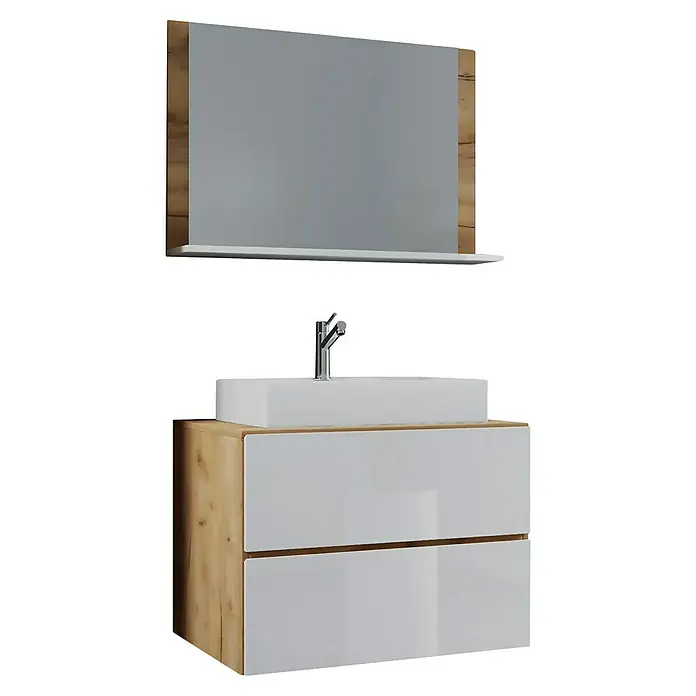 VCM Lendas Badmöbel-Set - 80 cm, Honig-Eiche/Weiß - Stilvolles Waschbecken mit Unterschrank und Spiegel. Das moderne Design umfasst Holzdetails und weiße, glänzende Fronten für ein elegantes Badezimmer.
