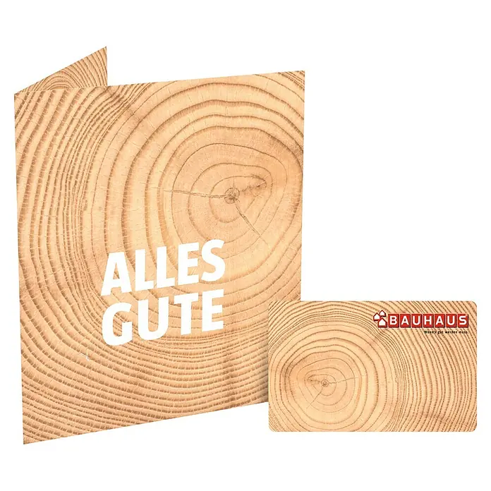 Gutscheinkarte - Per Postversand, Individueller Betrag, Holz - Eine Bauhaus-Geschenkkarte mit Holzmaserung-Design und Grußkarte "Alles Gute" für Bau- und Heimwerkerprojekte.