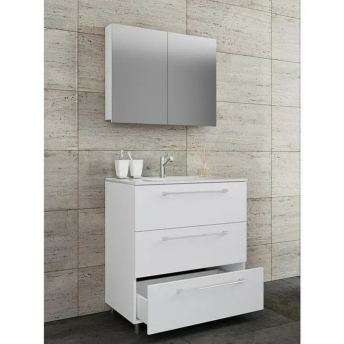 VCM Badinos Badmöbel-Set SPS - 80 cm, Weiß, Farbe Waschbecken: Weiß - Badezimmermöbelset mit weißem Unterschrank, Waschbecken und Spiegelschrank für ein modernes Ambiente im Badezimmer.