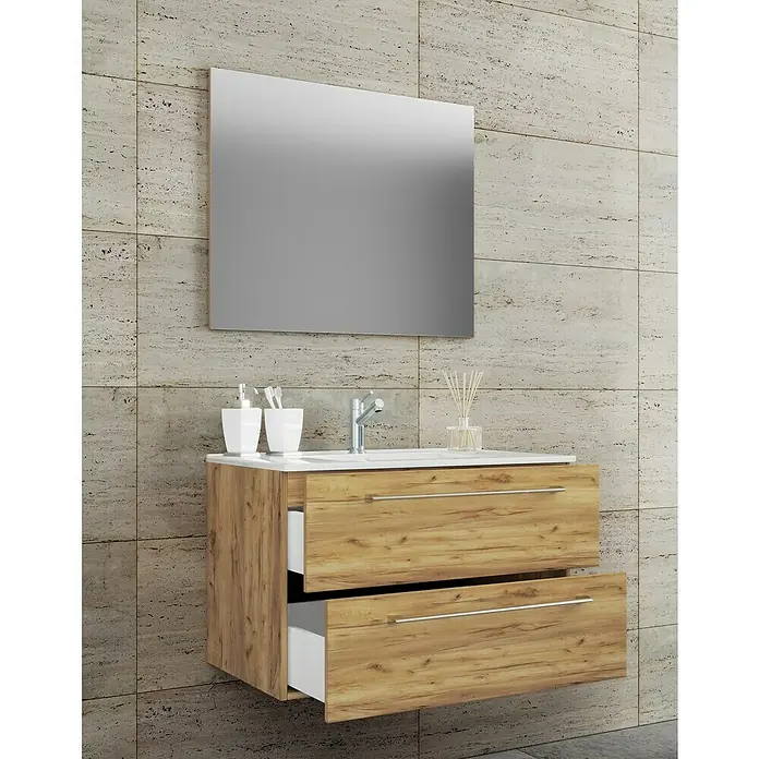 VCM Badinos Badmöbel-Set - 80 cm, Honig-Eiche, 3 -tlg. - Hänge-Waschtisch mit zwei Schubladen in Holzoptik und einem modernen Spiegel darüber.