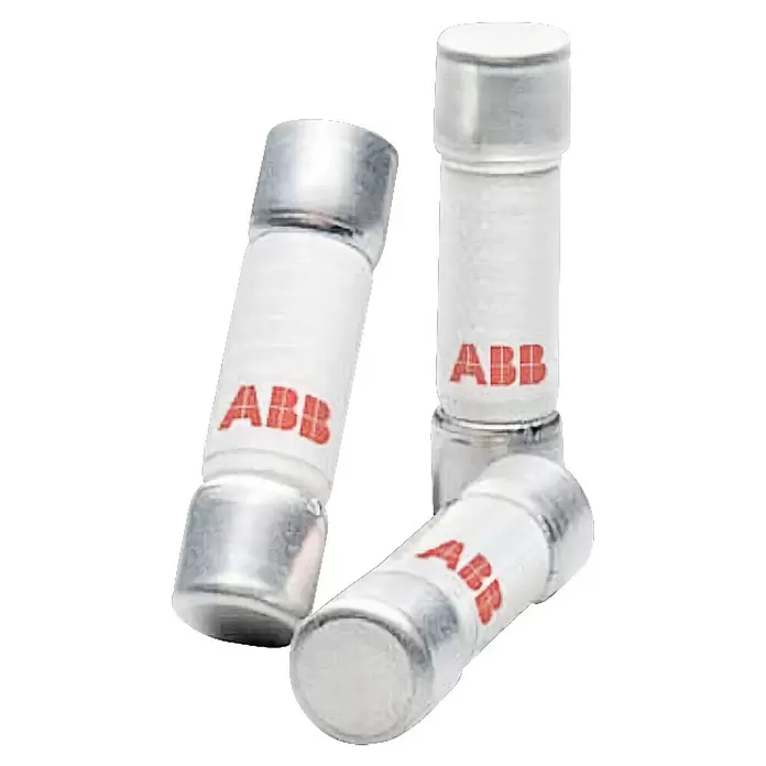 ABB Sicherungseinsatz E 9F25 PV - 25 A, 1.000 V, Zylindrisch 10x38 mm, Für Photovoltaik-Anwendungen - Drei weiße zylindrische Sicherungen mit silbernen Endkappen und rotem ABB-Branding.